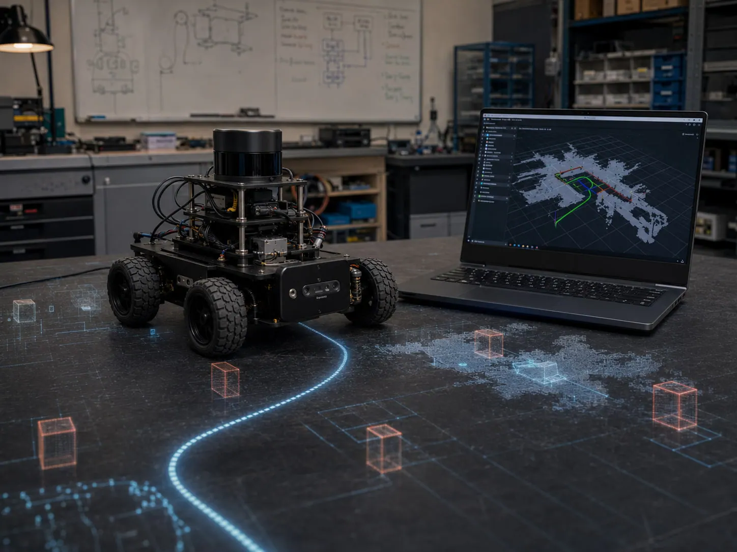 Illustrative system visual showing an autonomous rover moving through a mapped environment with navigation and sensing layers.